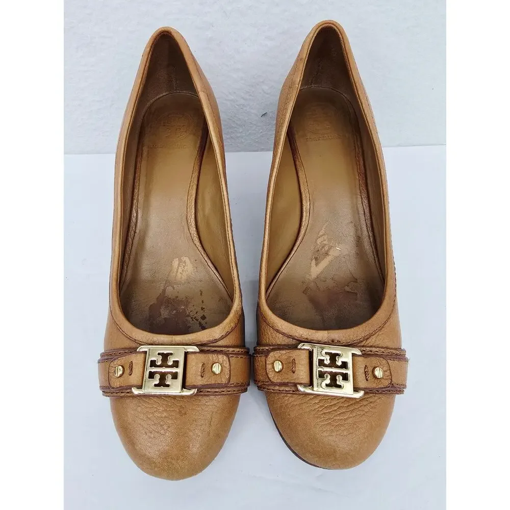 Tory Burch Reva Wedge Shoes Leather Tan 10